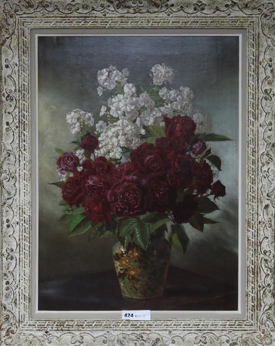 ER 1887, oil on canvas, red roses and stocks in a vase, initialled and dated, 67 x 49cm
